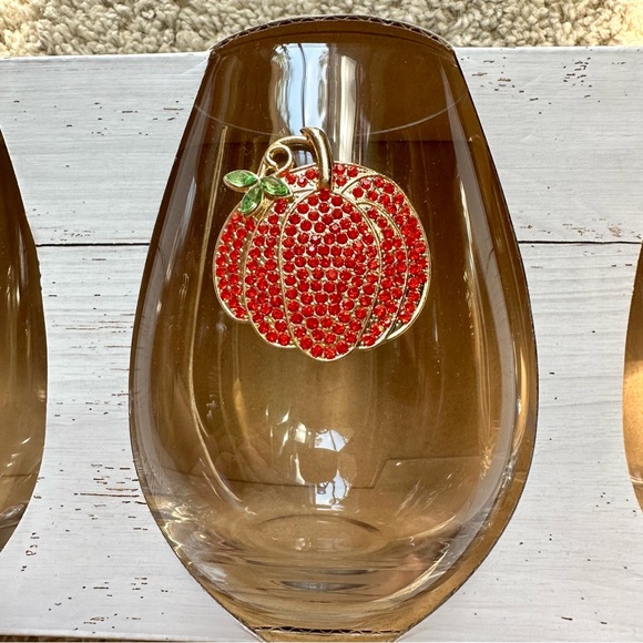 (LAST SET) NWT Haymarket Square Rhinestone Pumpkin Stemless Glasses HALLOWEEN - Picture 2 of 12